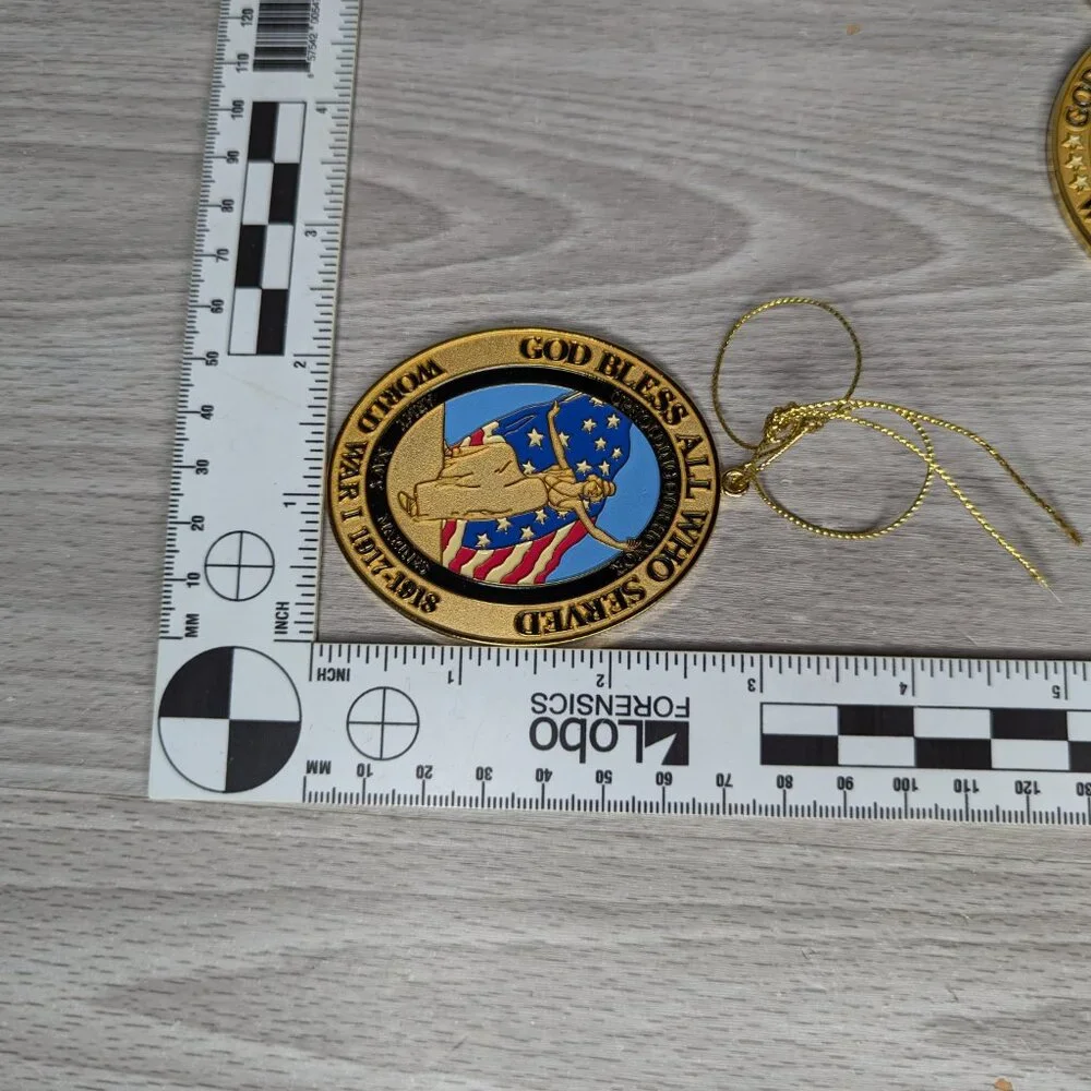 2003 Set of 2 World War 1 & 2 Gold Tone Metal Christmas Ornaments